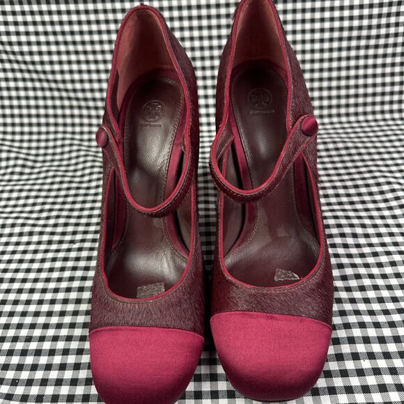 Tory Burch Satin Burgundy Red Mary Jane Imogene Gold Dragonfly Heel Women's 8.5 - Picture 2 of 6